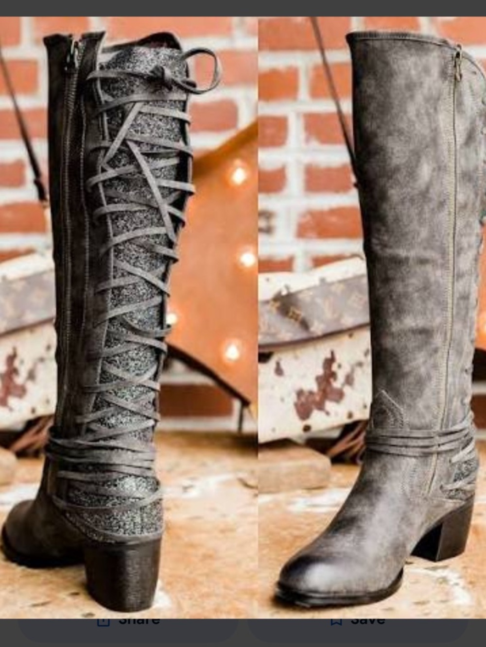 Tall Lace-Up Boots in Distressed Gray Suede with Glitter Back